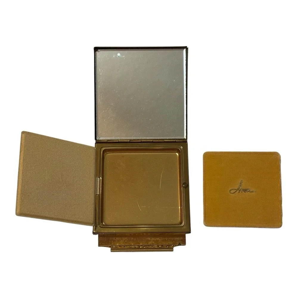 Vintage Avon Gold Tone Powder Compact Mirror w Puff Art Deco Style Vanity